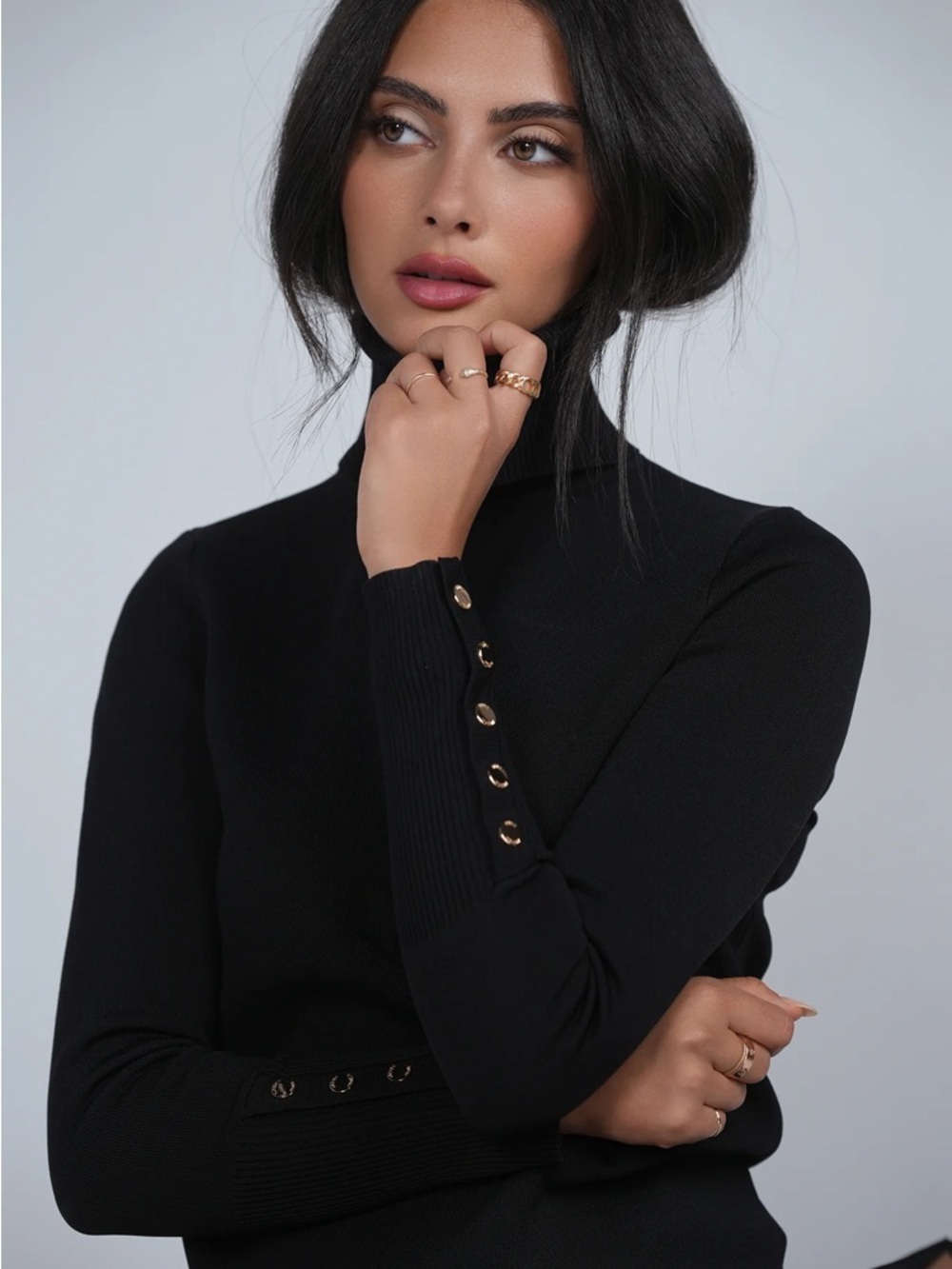 Aleeza Paris Turtleneck Top with Gold Buttons
